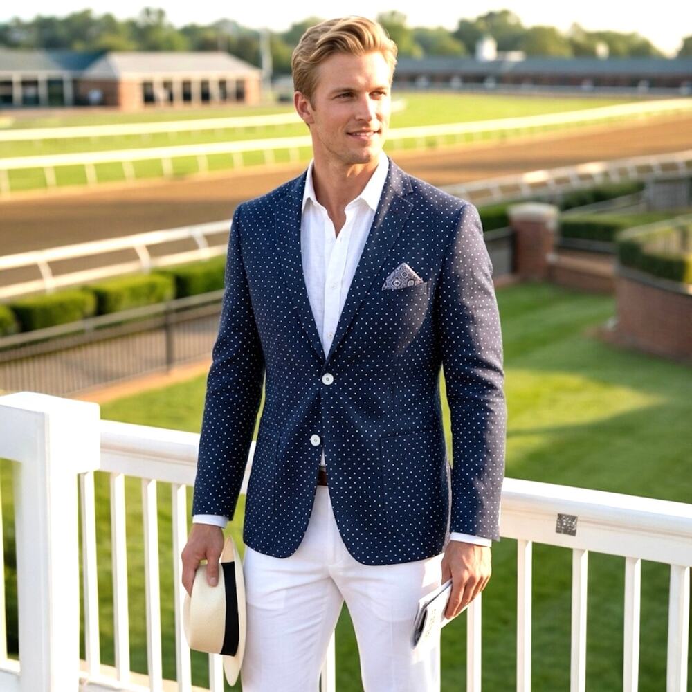 Paisley & Gray Men’s 40R Slim Fit Blazer Navy Polka Dot Linen Blend Sport Coat